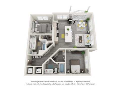 Floor plan for 2 beds, 2 baths, 1106 sqft